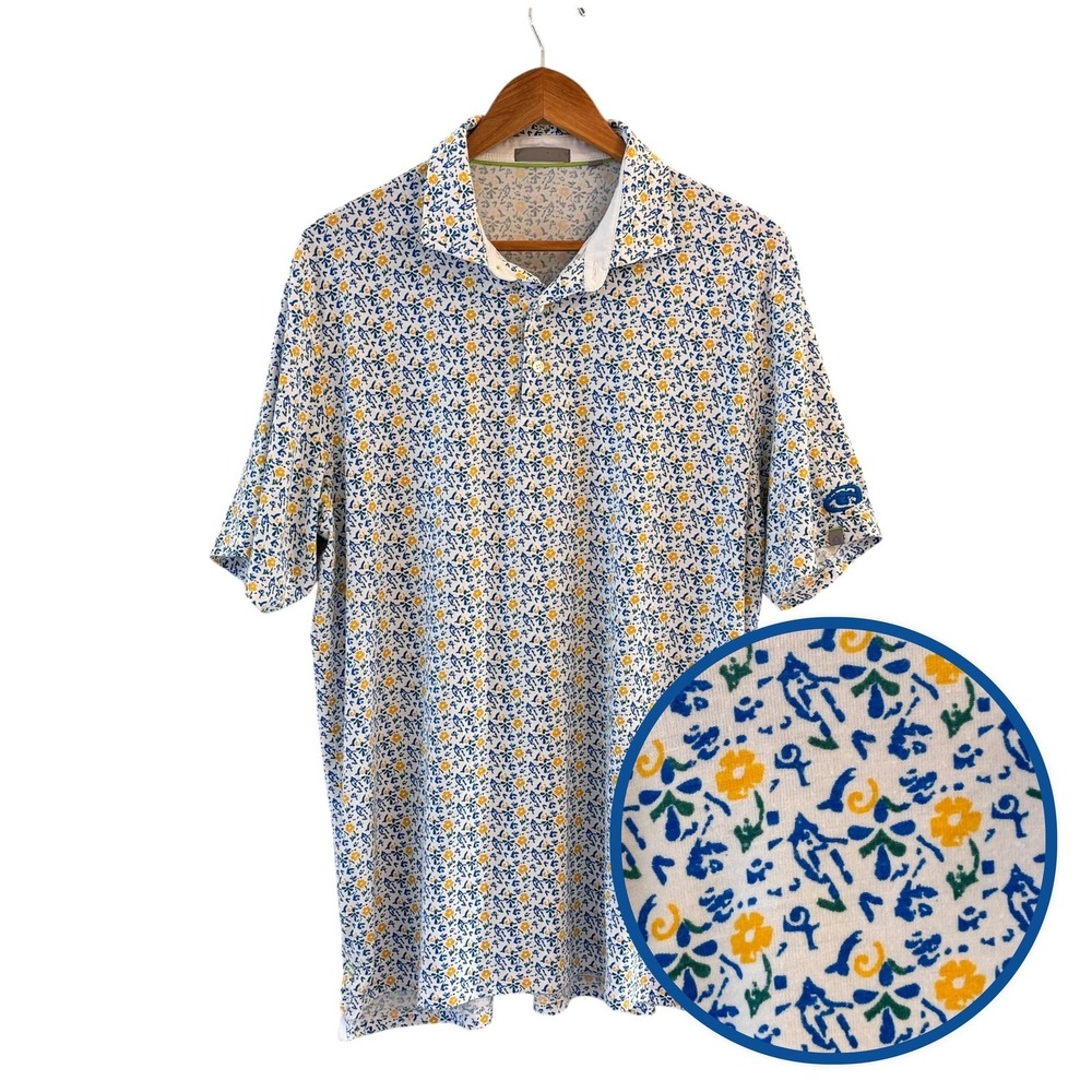 Tasc Performance Polo Shirt Mens Size XL White Floral Print‎ Stretch Golf Top
